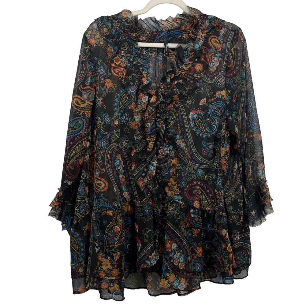 New Directions Woman Plus Size 2X Top Blouse Black Paisley Chiffon Ruffle V-Neck